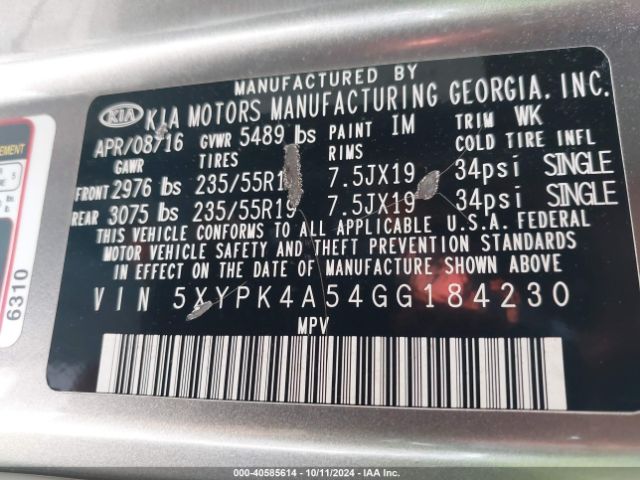 Photo 8 VIN: 5XYPK4A54GG184230 - KIA SORENTO 