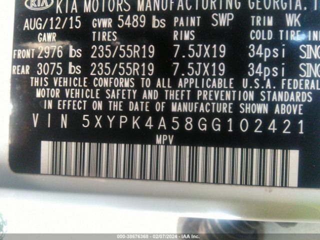 Photo 8 VIN: 5XYPK4A58GG102421 - KIA SORENTO 