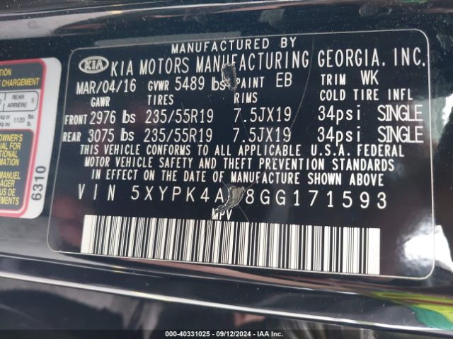 Photo 8 VIN: 5XYPK4A58GG171593 - KIA SORENTO 