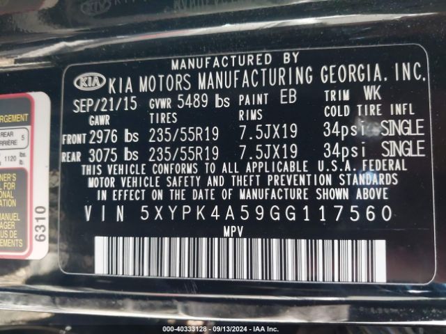 Photo 8 VIN: 5XYPK4A59GG117560 - KIA SORENTO 