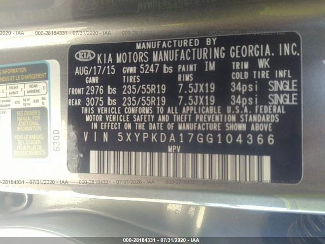 Photo 8 VIN: 5XYPKDA17GG104366 - KIA SORENTO 