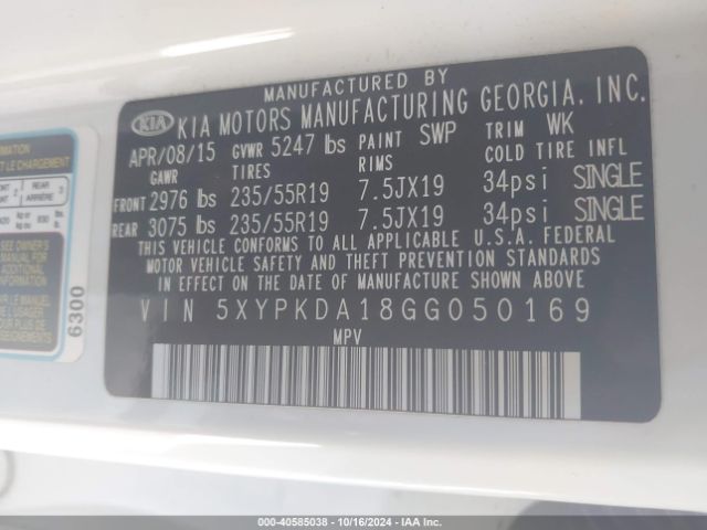 Photo 8 VIN: 5XYPKDA18GG050169 - KIA SORENTO 