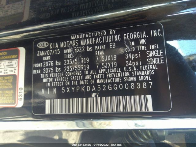 Photo 8 VIN: 5XYPKDA52GG008387 - KIA SORENTO 