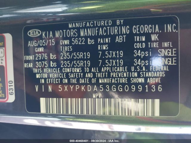 Photo 8 VIN: 5XYPKDA53GG099136 - KIA SORENTO 