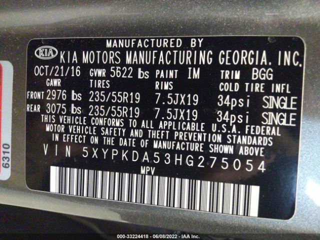 Photo 8 VIN: 5XYPKDA53HG275054 - KIA SORENTO 