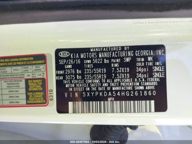 Photo 8 VIN: 5XYPKDA54HG261860 - KIA SORENTO 