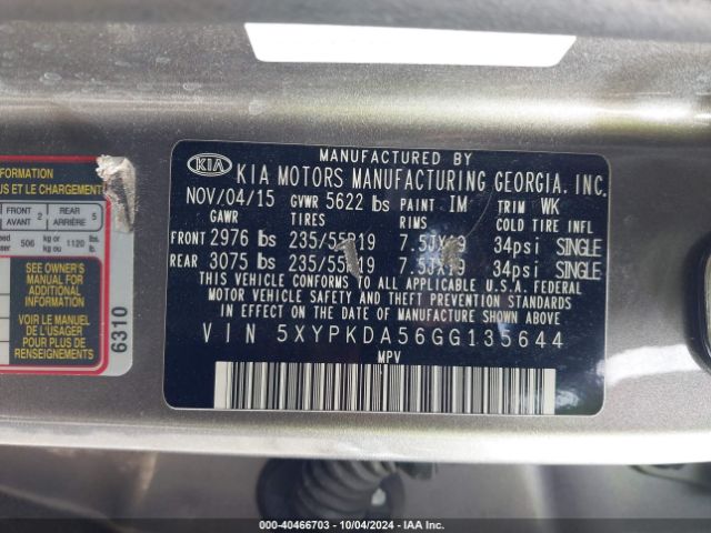 Photo 8 VIN: 5XYPKDA56GG135644 - KIA SORENTO 