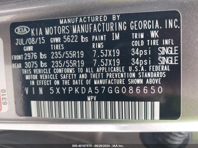 Photo 8 VIN: 5XYPKDA57GG086650 - KIA SORENTO 