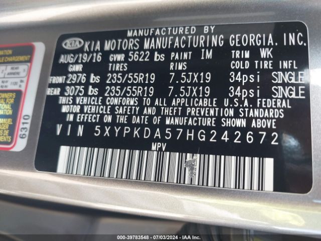 Photo 8 VIN: 5XYPKDA57HG242672 - KIA SORENTO 