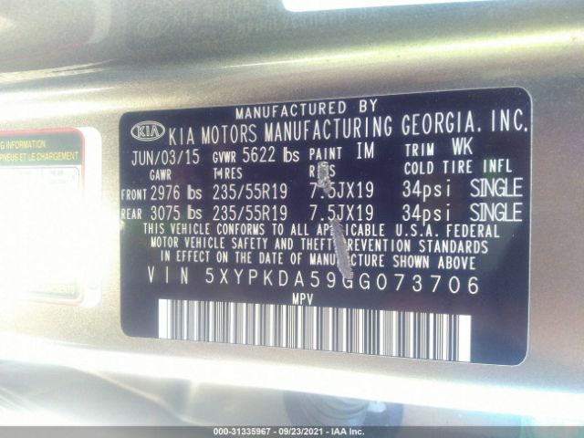 Photo 8 VIN: 5XYPKDA59GG073706 - KIA SORENTO 