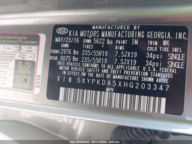 Photo 8 VIN: 5XYPKDA5XHG203347 - KIA SORENTO 