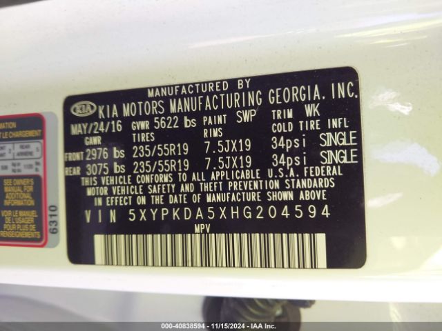 Photo 8 VIN: 5XYPKDA5XHG204594 - KIA SORENTO 