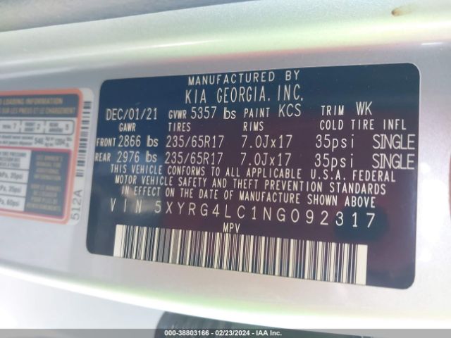 Photo 8 VIN: 5XYRG4LC1NG092317 - KIA SORENTO 