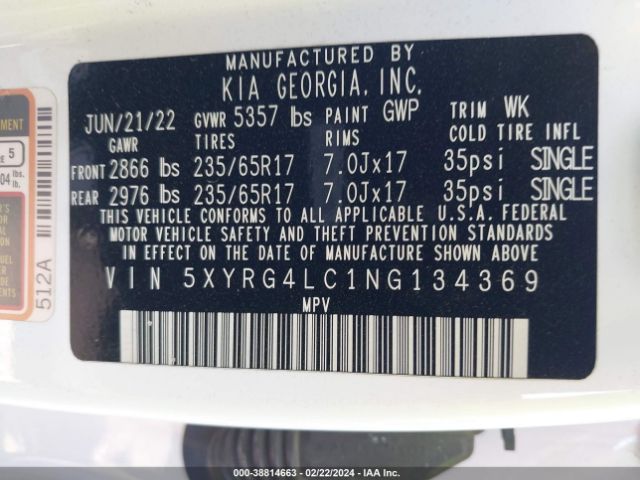 Photo 8 VIN: 5XYRG4LC1NG134369 - KIA SORENTO 