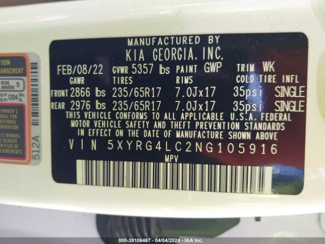 Photo 8 VIN: 5XYRG4LC2NG105916 - KIA SORENTO 