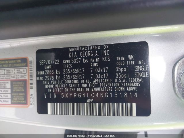 Photo 8 VIN: 5XYRG4LC4NG151814 - KIA SORENTO 