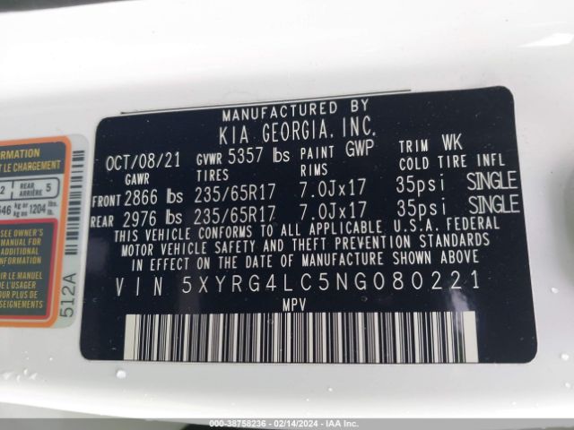 Photo 8 VIN: 5XYRG4LC5NG080221 - KIA SORENTO 