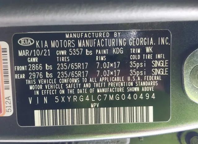 Photo 8 VIN: 5XYRG4LC7MG040494 - KIA SORENTO 