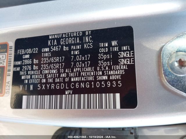 Photo 8 VIN: 5XYRGDLC6NG105935 - KIA SORENTO 