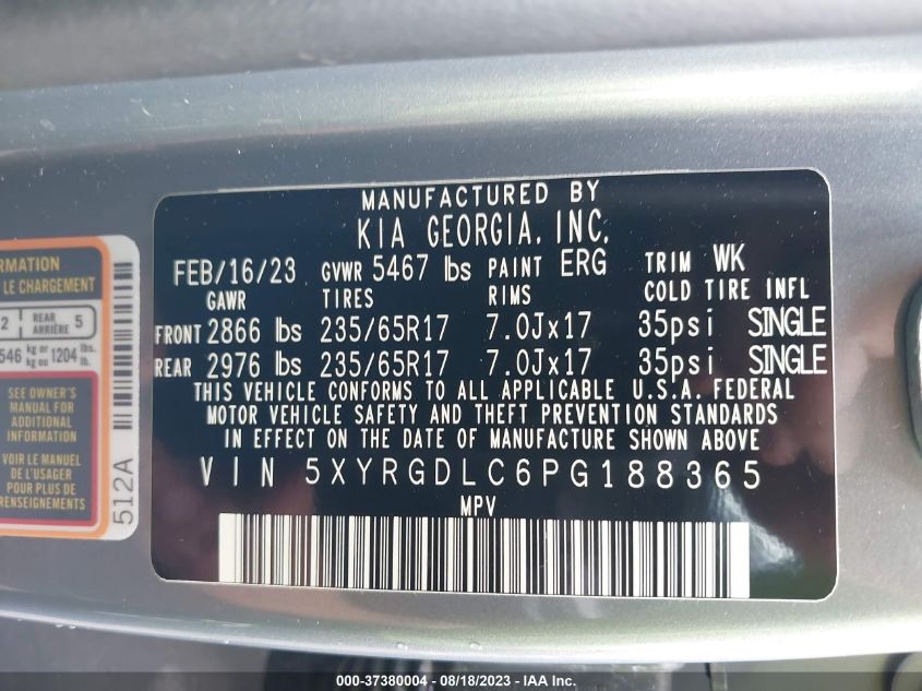 Photo 8 VIN: 5XYRGDLC6PG188365 - KIA SORENTO 