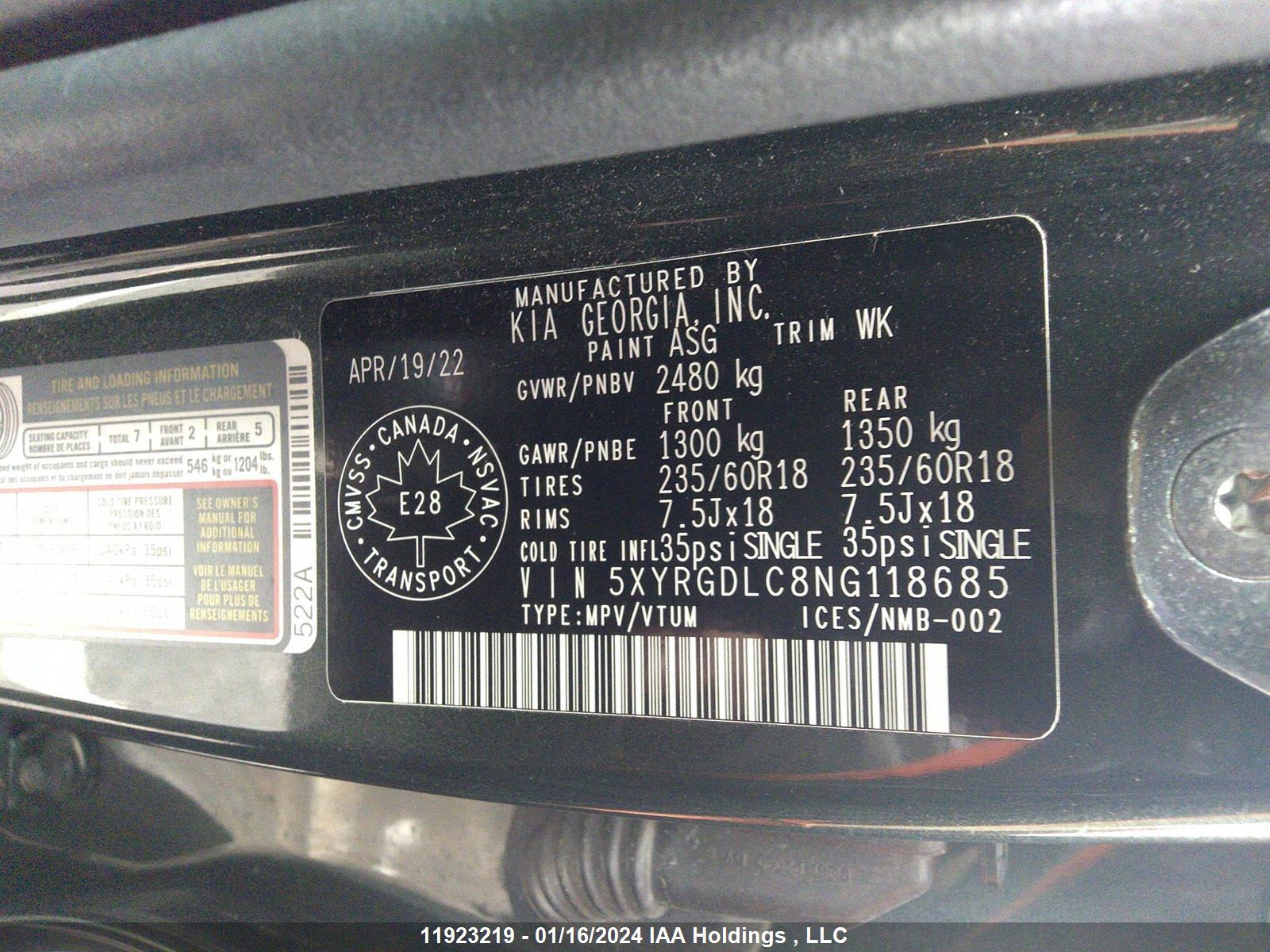 Photo 8 VIN: 5XYRGDLC8NG118685 - KIA SORENTO 