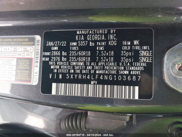 Photo 8 VIN: 5XYRH4LF4NG103687 - KIA SORENTO 