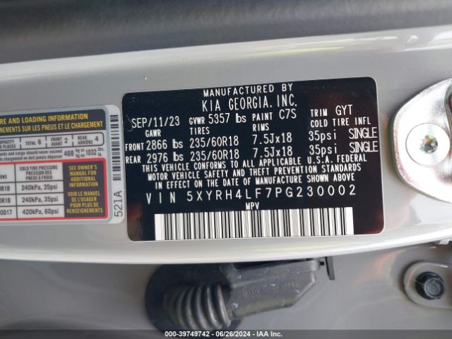 Photo 8 VIN: 5XYRH4LF7PG230002 - KIA SORENTO 