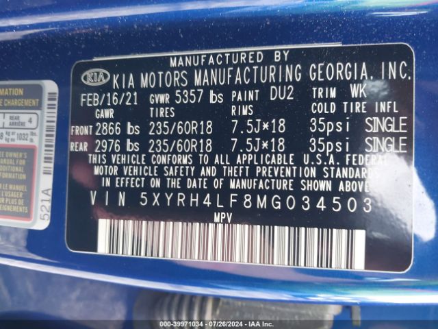 Photo 8 VIN: 5XYRH4LF8MG034503 - KIA SORENTO 