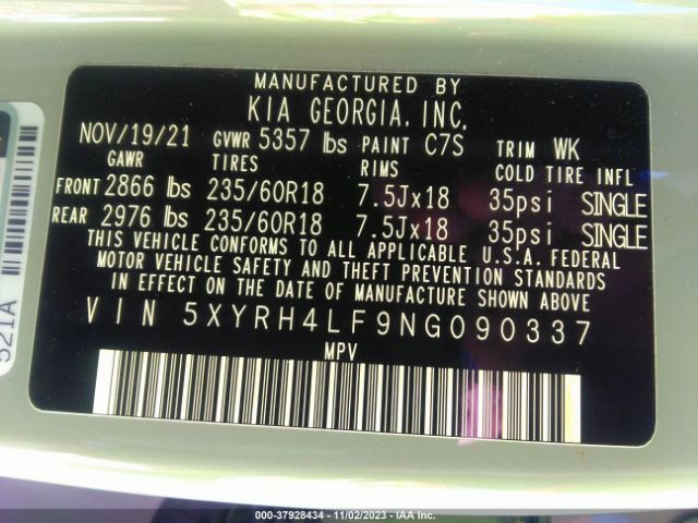 Photo 8 VIN: 5XYRH4LF9NG090337 - KIA SORENTO 