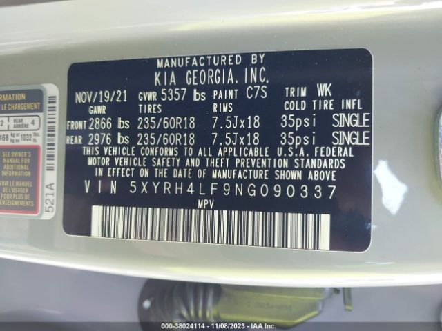 Photo 8 VIN: 5XYRH4LF9NG090337 - KIA SORENTO 