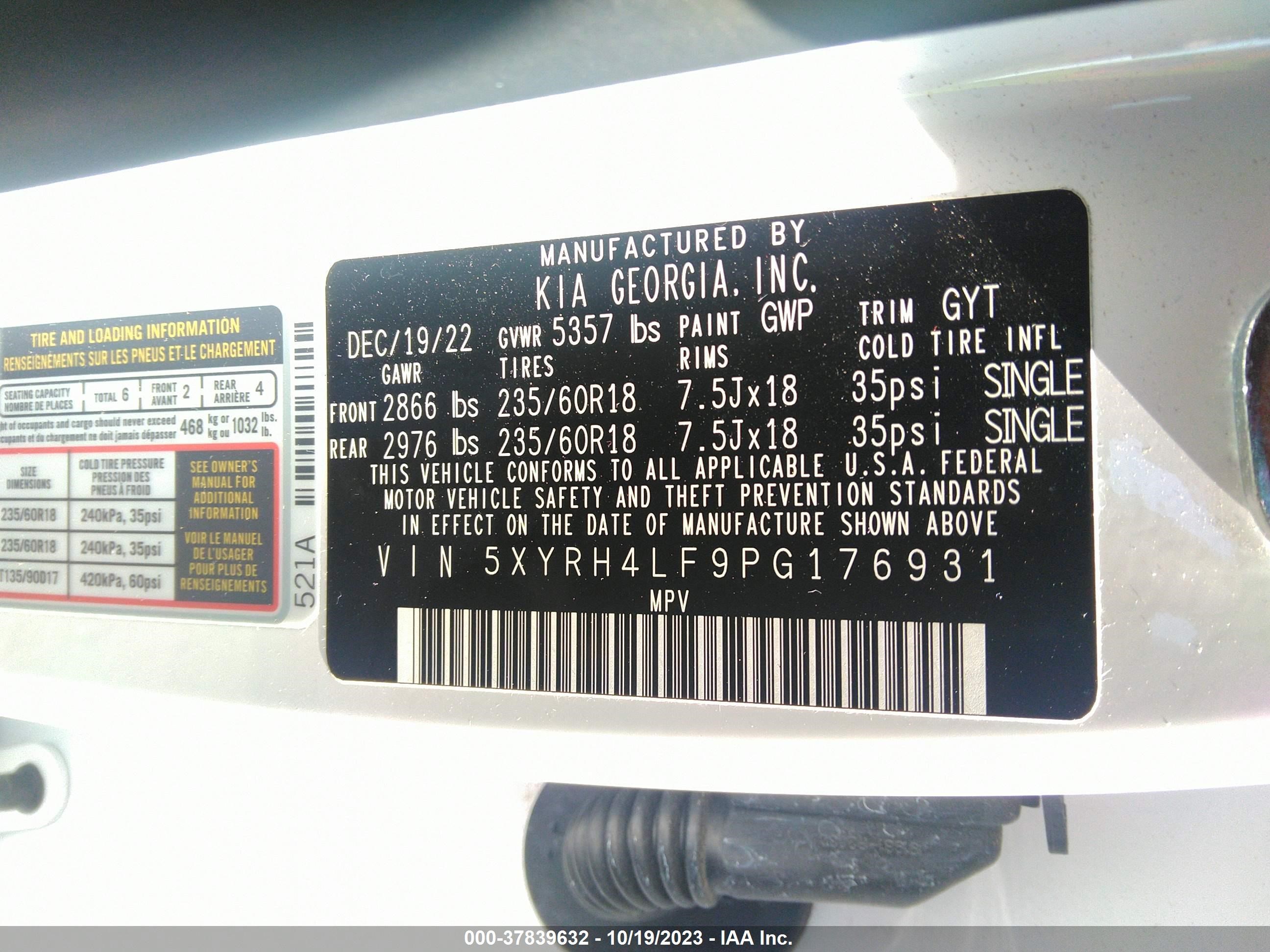 Photo 8 VIN: 5XYRH4LF9PG176931 - KIA SORENTO 