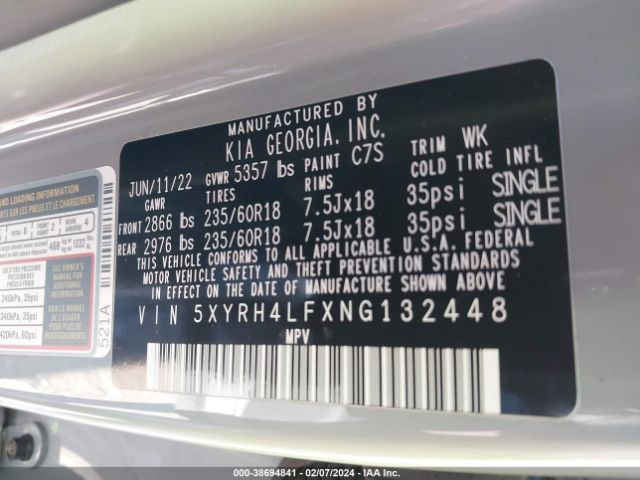 Photo 8 VIN: 5XYRH4LFXNG132448 - KIA SORENTO 