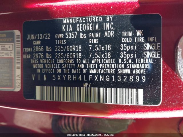 Photo 8 VIN: 5XYRH4LFXNG132899 - KIA SORENTO 