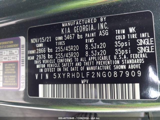 Photo 8 VIN: 5XYRHDLF2NG087909 - KIA SORENTO 