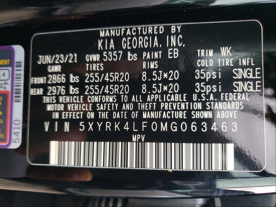 Photo 9 VIN: 5XYRK4LF0MG063463 - KIA SORENTO 