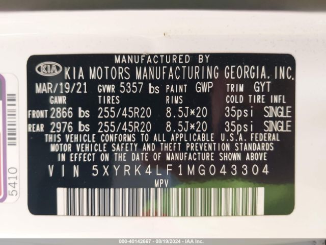 Photo 8 VIN: 5XYRK4LF1MG043304 - KIA SORENTO 