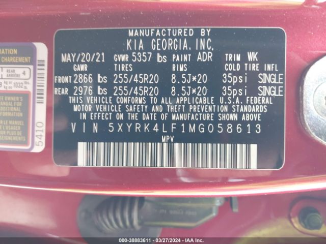 Photo 8 VIN: 5XYRK4LF1MG058613 - KIA SORENTO 