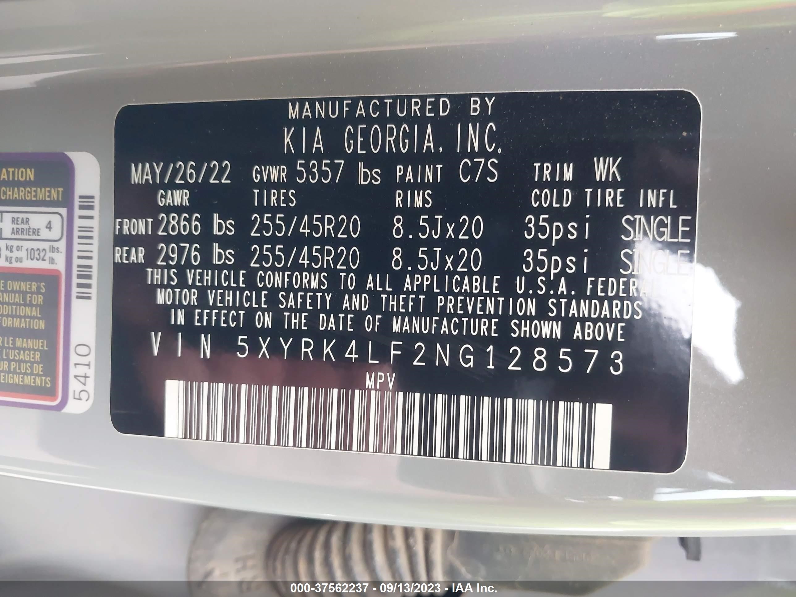 Photo 8 VIN: 5XYRK4LF2NG128573 - KIA SORENTO 