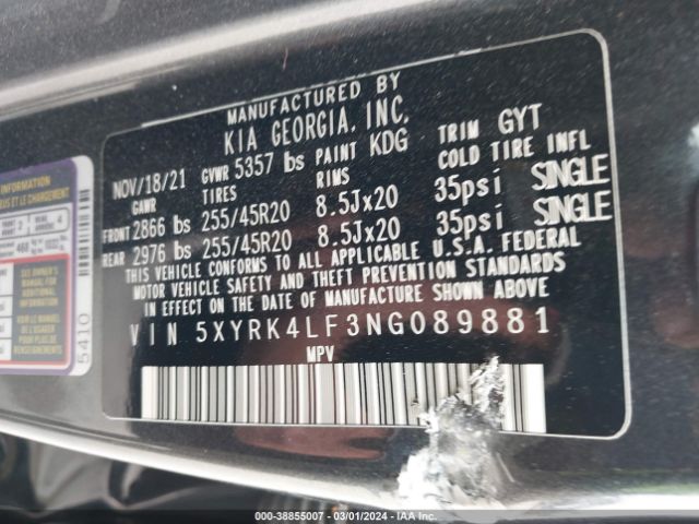 Photo 8 VIN: 5XYRK4LF3NG089881 - KIA SORENTO 