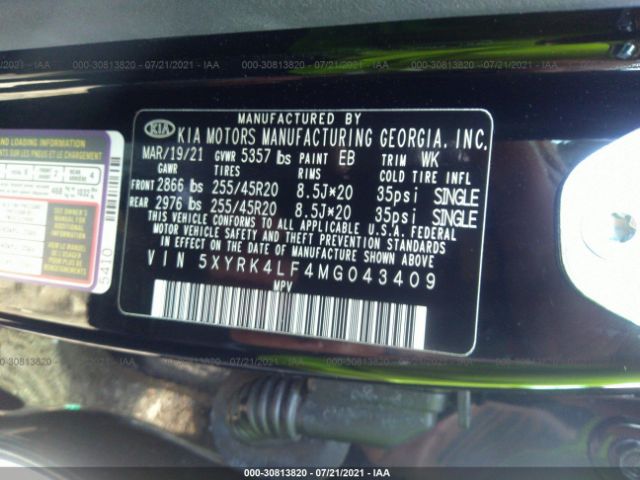 Photo 8 VIN: 5XYRK4LF4MG043409 - KIA SORENTO 