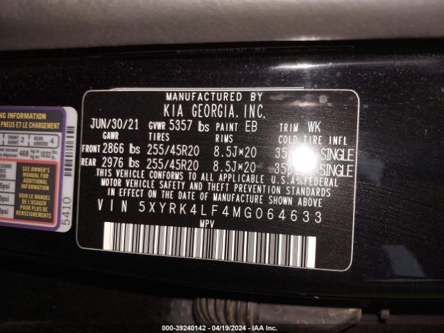 Photo 8 VIN: 5XYRK4LF4MG064633 - KIA SORENTO 