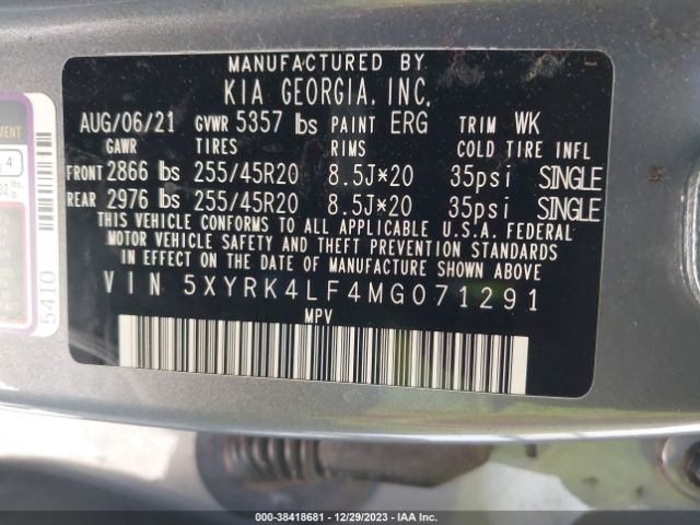 Photo 8 VIN: 5XYRK4LF4MG071291 - KIA SORENTO 