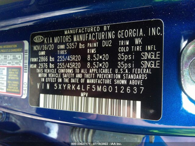 Photo 8 VIN: 5XYRK4LF5MG012637 - KIA SORENTO 