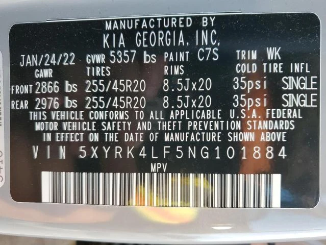 Photo 12 VIN: 5XYRK4LF5NG101884 - KIA SORENTO SX 