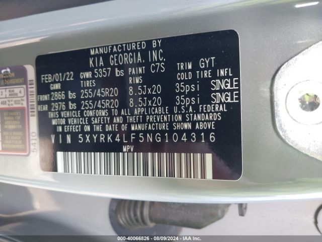 Photo 8 VIN: 5XYRK4LF5NG104316 - KIA SORENTO 