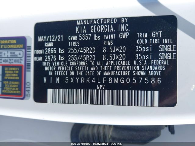 Photo 8 VIN: 5XYRK4LF8MG057586 - KIA SORENTO 