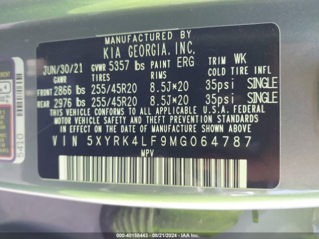 Photo 8 VIN: 5XYRK4LF9MG064787 - KIA SORENTO 