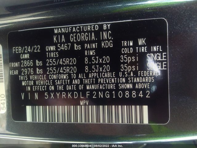 Photo 8 VIN: 5XYRKDLF2NG108842 - KIA SORENTO 