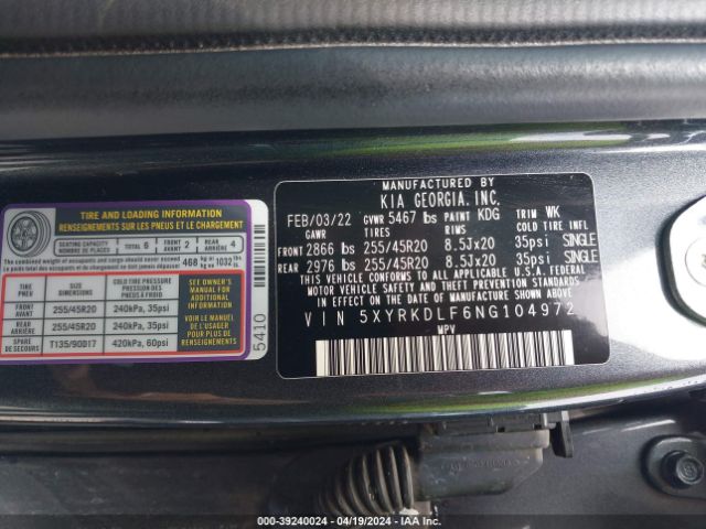 Photo 8 VIN: 5XYRKDLF6NG104972 - KIA SORENTO 