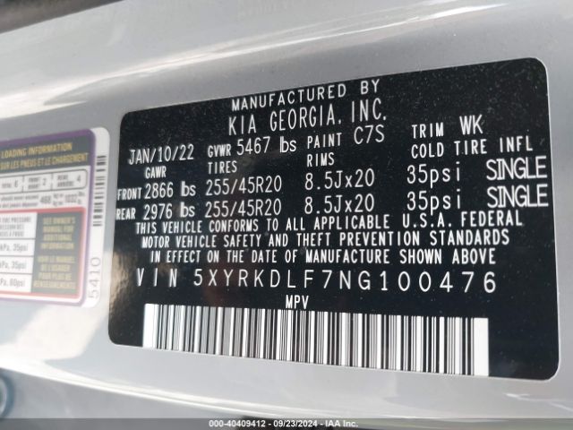 Photo 8 VIN: 5XYRKDLF7NG100476 - KIA SORENTO 